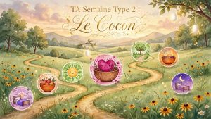 Illustration aquarelle TA Semaine Type 2 Le Cocon des Arbres du Bonheur - chemin fleuri avec 7 icônes de rituels quotidiens et 3 cocons blancs lumineux suspendus aux branches, ambiance douce et enveloppante pour approfondir les rituels