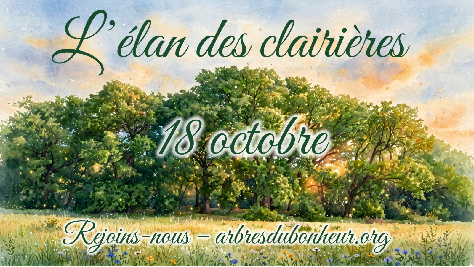 L'élan des Clairières du 18 octobre - clairière lumineuse au lever du soleil avec arbres verts et prairie fleurie - arbresdubonheur.org
