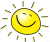 Soleil jaune souriant qui fait un clin d'oeil, avec de grands rayons noirs et jaunes, symbole pétillant des Arbres du Bonheur